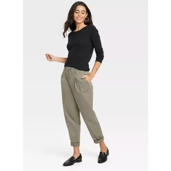 A New Day Olive Green High Rise Pleated Chino Pants Stretch Cotton Lyocell 14 - Picture 1 of 12